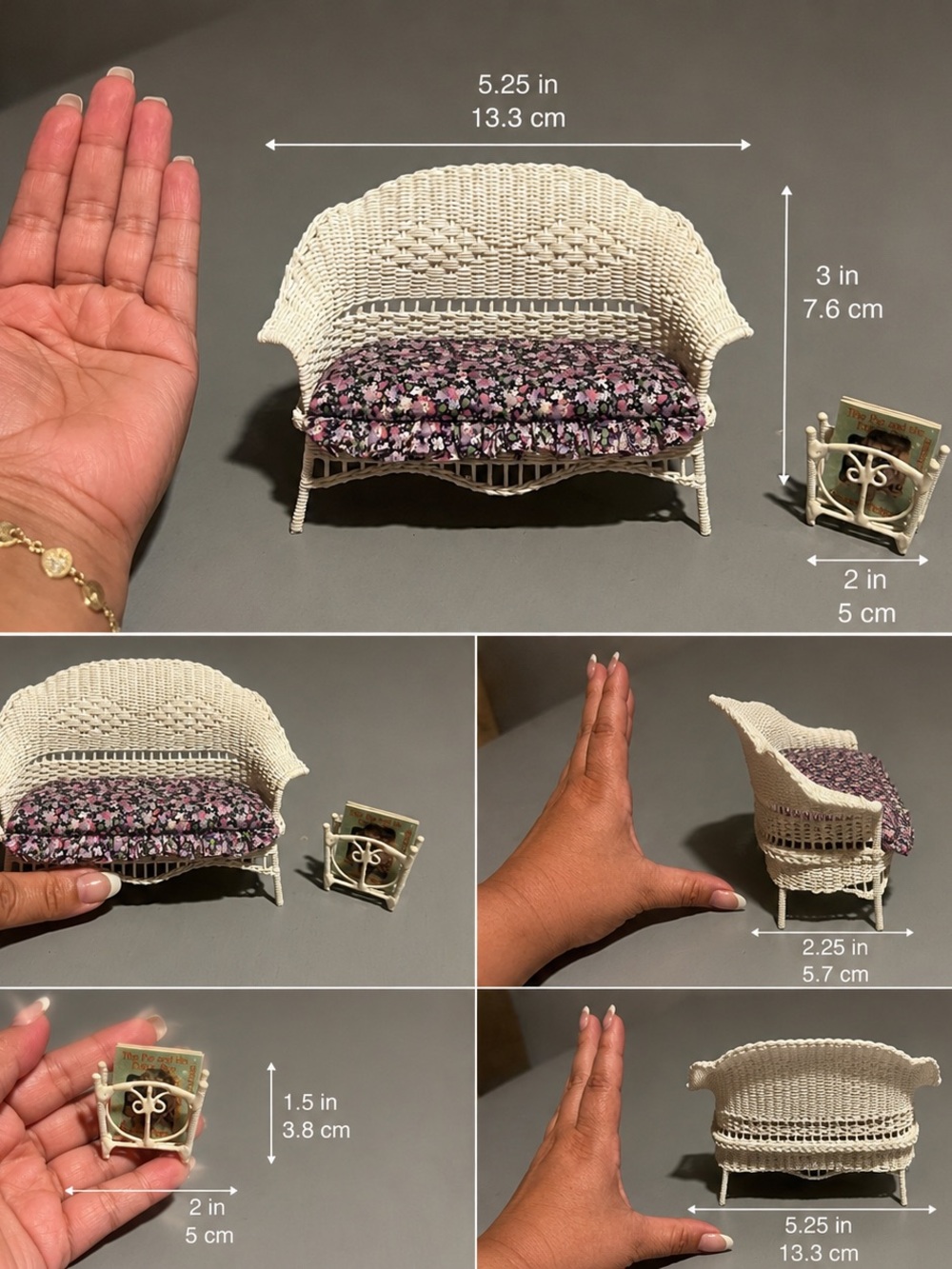 Vintage 1960s Miniature Wicker Loveseat & Magazine Rack Dollhouse Furniture